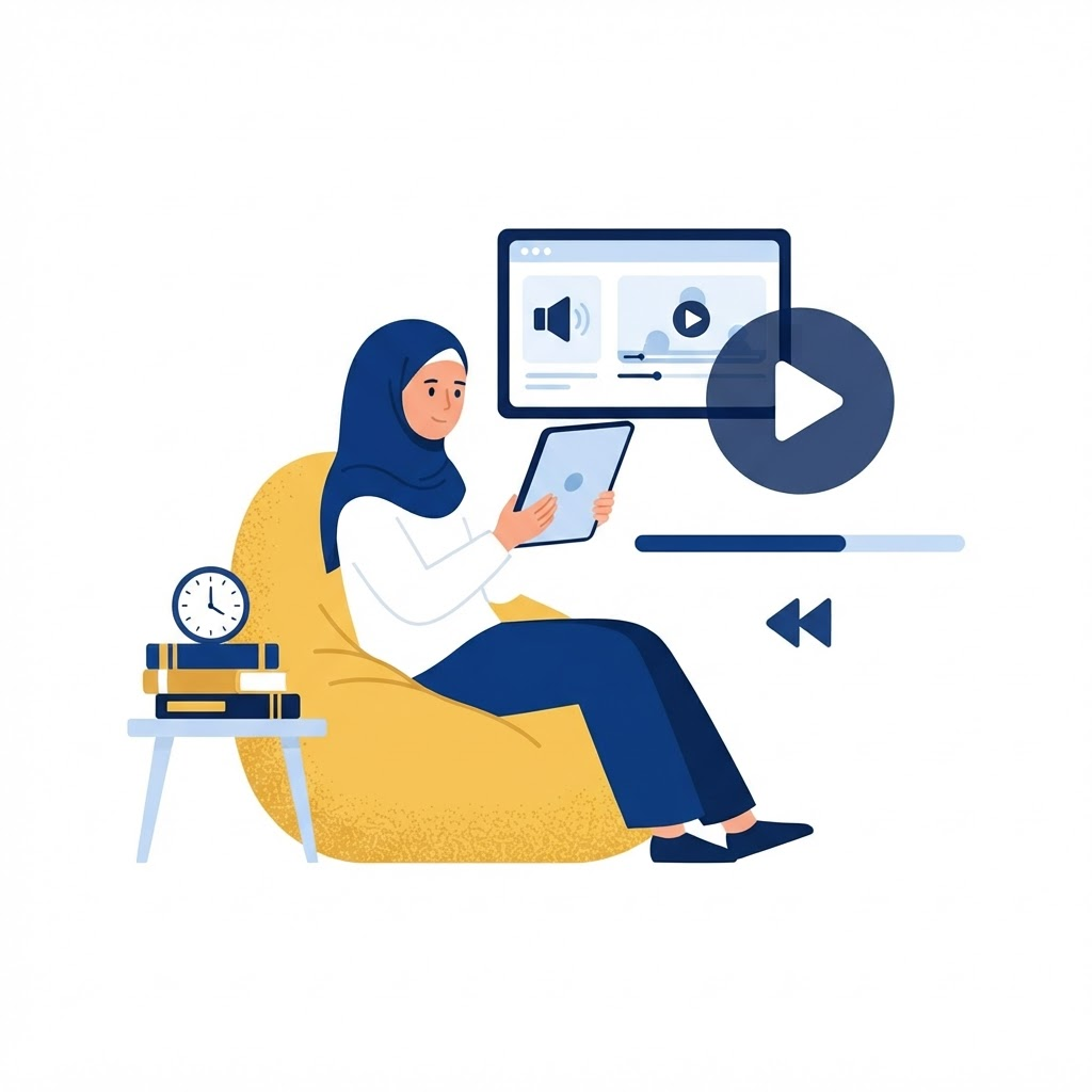 رسم لطالبة تشاهد درسًا مسجلًا على راحتها وتعيد أي جزء تحتاجه