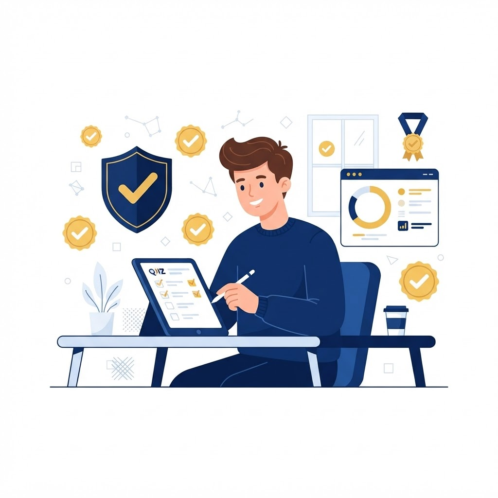 طالب واثق يحل اختبارًا وتحيط به علامات النجاح
